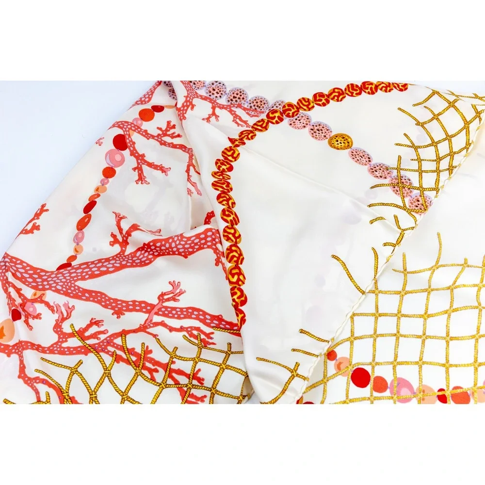 Vintage Angela Cummings Italian Silk Twill Scarf Nautical Coral Net In Box 35x35